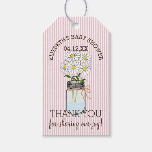 Mason Jar op Pink Stripes Baby shower Dank je Cadeaulabel (Voorkant)