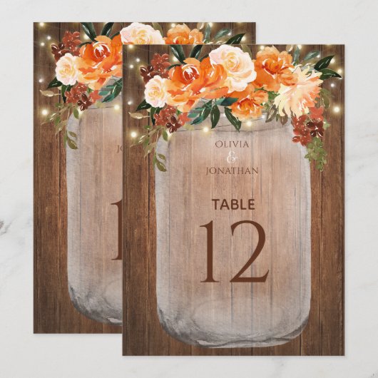 Mason Jar Oranje Floral Lg Wedding Table Number (Voorkant / Achterkant)