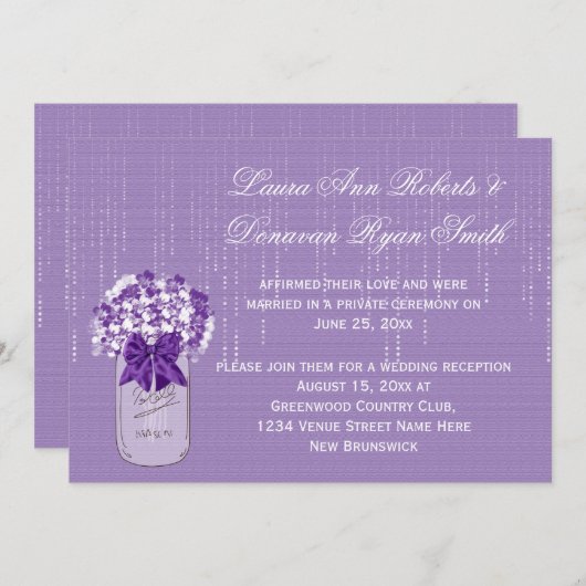 Mason Jar Paars en White Floral Reception only Kaart (Voorkant / Achterkant)