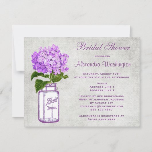 Mason Jar & Paars Hydrangea Grey Vrijgezellenfeest Kaart (Achterkant)