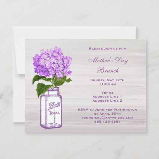 Mason Jar & Paarse Hydrangea Moederdag Brunch Kaart (Achterkant)