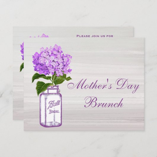 Mason Jar & Paarse Hydrangea Moederdag Brunch Kaart (Voorkant / Achterkant)