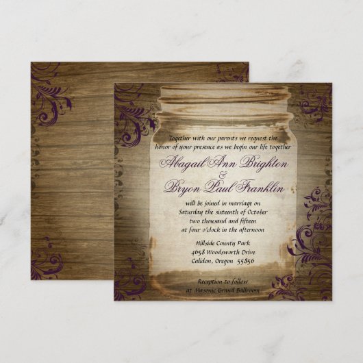 Mason Jar Paarse Vierkante Huwelijksuitnodiging Kaart (Voorkant / Achterkant)