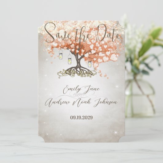 Mason Jar Peachy Heart Leaf Tree Save the Date (Staand voorkant)