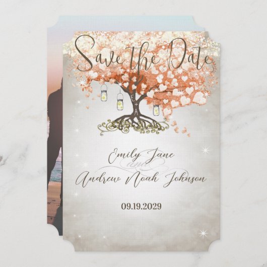 Mason Jar Peachy Heart Leaf Tree Save the Date (Voorkant / Achterkant)