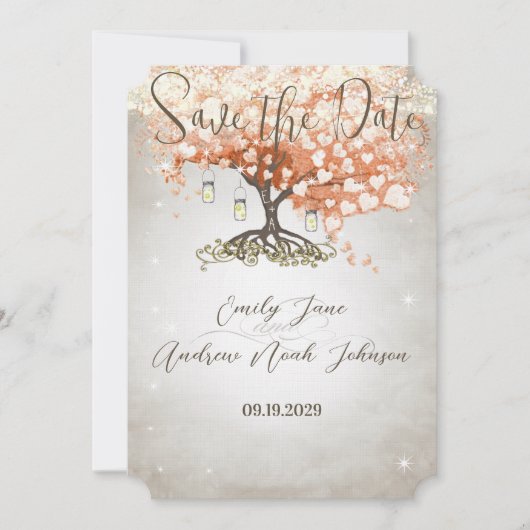 Mason Jar Peachy Heart Leaf Tree Save the Date (Voorkant)
