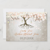 Mason Jar Peachy Pink Heart Leaf Tree Save The Date (Voorkant)