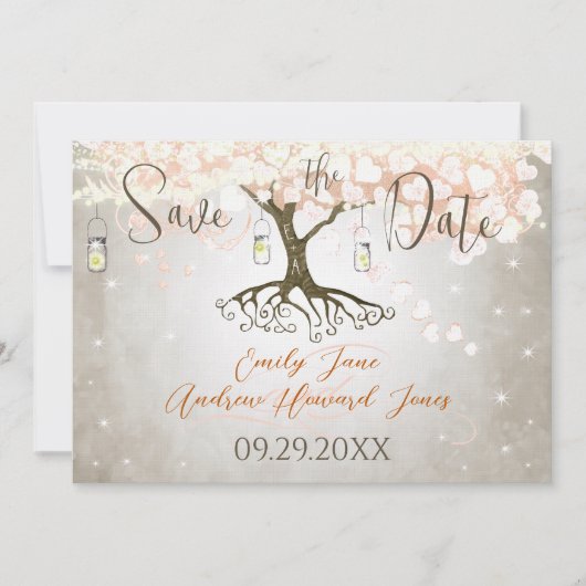 Mason Jar Peachy Pink Heart Leaf Tree Save The Date (Voorkant)