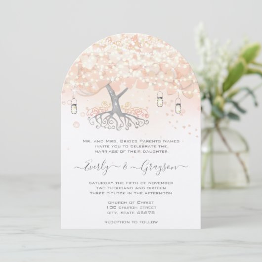 Mason Jar Peachy Pink Heart Leaf Tree Wedding Kaart (Staand voorkant)