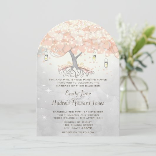 Mason Jar Peachy Pink Heart Leaf Tree Wedding Kaart (Staand voorkant)