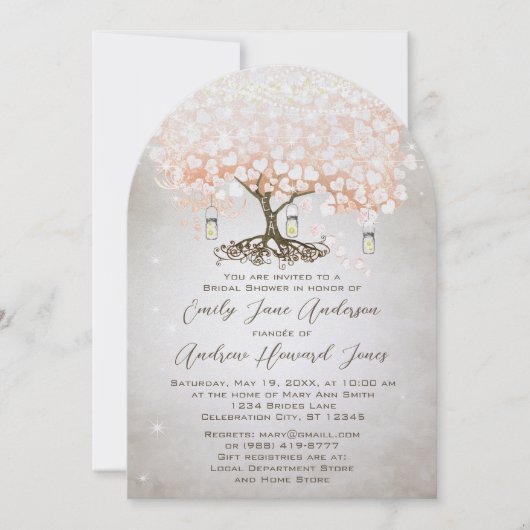 Mason Jar Peachy Pink Heart Leaf Tree Wedding Kaart (Voorkant)