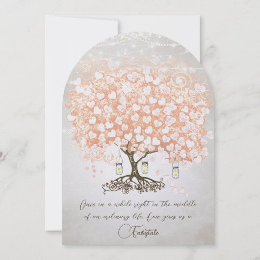 Mason Jar Peachy Pink Heart Leaf Tree Wedding Kaart (Achterkant)
