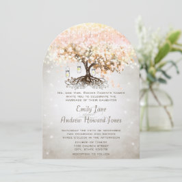Mason Jar Peachy Pink Heart Leaf Tree Wedding Kaart