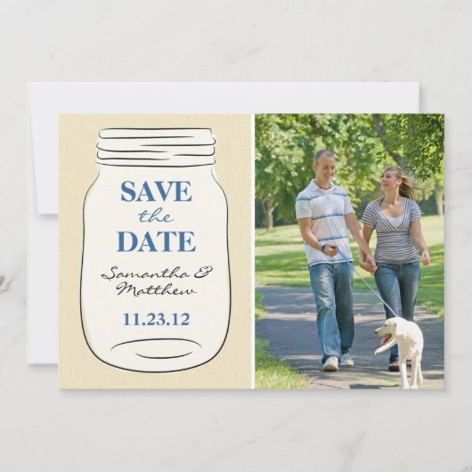 Mason Jar Photo Save the Date Card - Blue (Voorkant)
