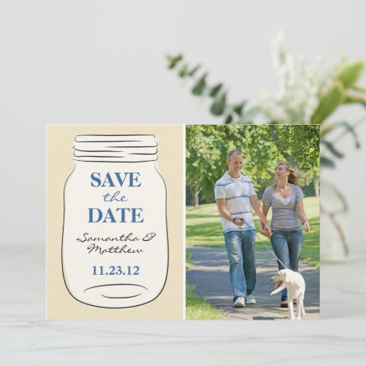 Mason Jar Photo Save the Date Card - Blue (Staand voorkant)