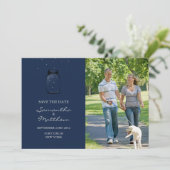Mason Jar Photo Save the Date Card - Donkerblauw (Staand voorkant)