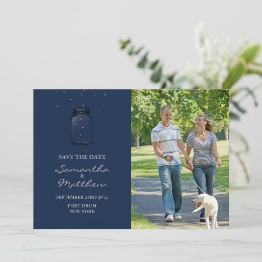 Mason Jar Photo Save the Date Card - Donkerblauw (Staand voorkant)