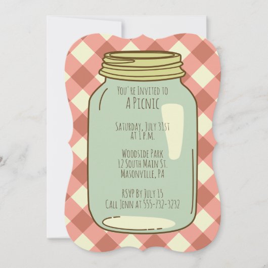  Mason Jar Picnic Party nodigt Gingham uit Kaart (Voorkant)
