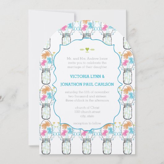 Mason Jar Pink Coral Limoen Aqua Floral Weddenscha Kaart (Voorkant)