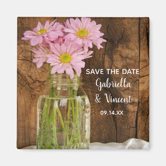 Mason Jar Pink Daisies Barn Wedding Save the Date Magneet (Voorkant)