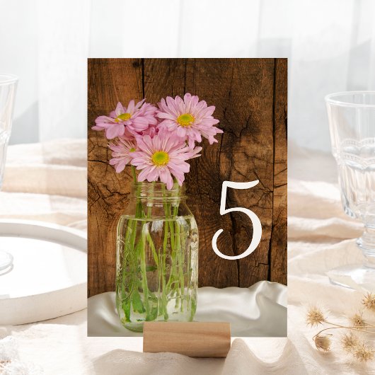 Mason Jar Pink Daisies Barn Wedding Table Numbers Kaart