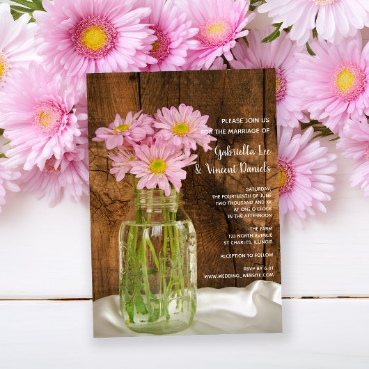 Mason Jar Pink Daisies Country Wedding Kaart