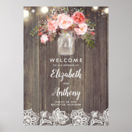 Mason Jar Pink Floral Wedding Welkom Poster