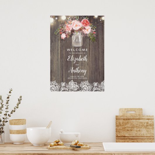 Mason Jar Pink Floral Wedding Welkom Poster (Keuken)