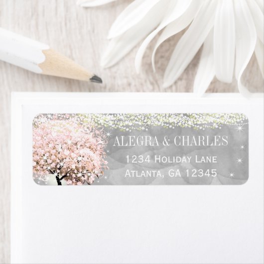 Mason Jar Pink Heart Leaf Tree op grijze Waterverf Etiket (Insitu)