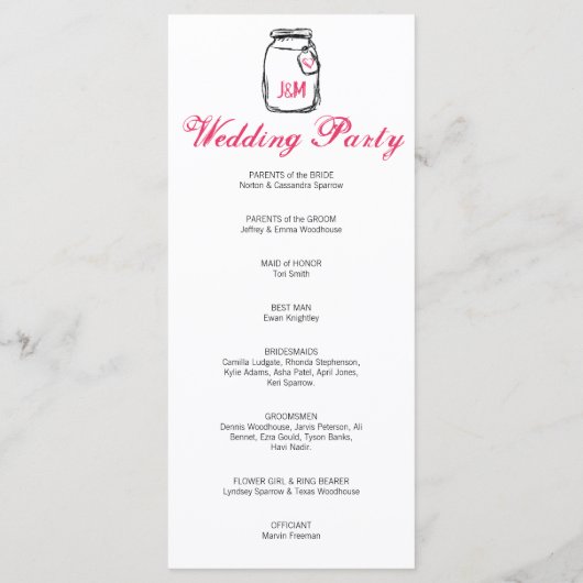 Mason Jar & Pink Heart Trouwprogramma Programmakaart (Achterkant)