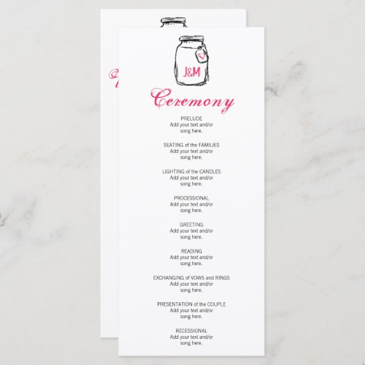 Mason Jar & Pink Heart Trouwprogramma Programmakaart (Voorkant / Achterkant)