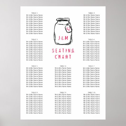 Mason Jar & Pink Heart Wedding Seating Chart 10 Poster (Voorkant)