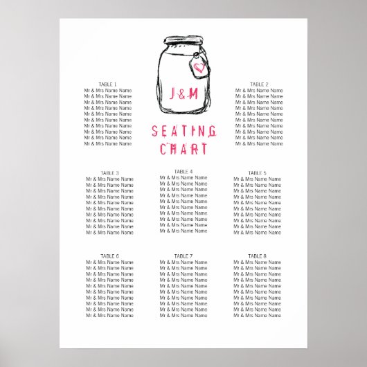 Mason Jar & Pink Heart Wedding Seating Chart Poster (Voorkant)