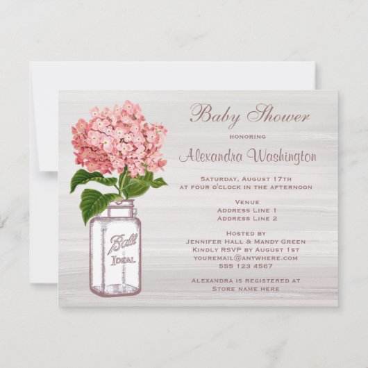 Mason Jar & Pink Hydrangea Rustic Baby shower Kaart (Achterkant)