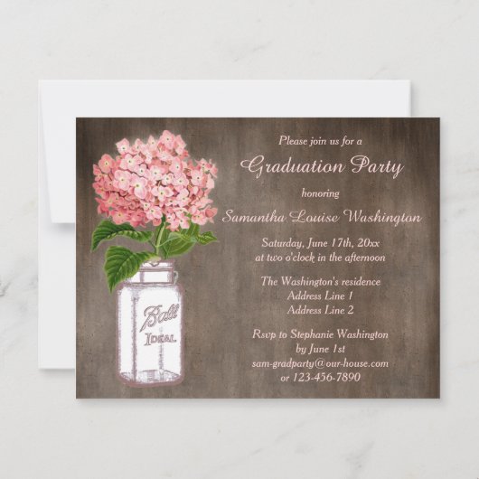 Mason Jar & Pink Hydrangea Rustic Graduation Party Kaart (Achterkant)