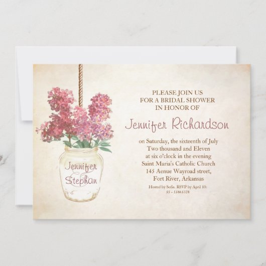 Mason Jar & Pink Lilas Bruids Douche Uitnodiging (Voorkant)