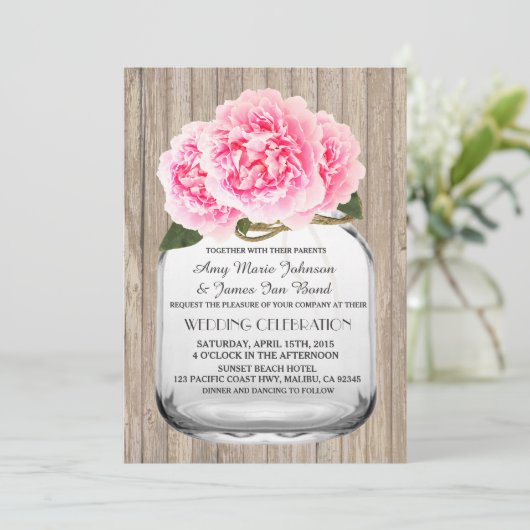 Mason jar pink peony bruiloft pony2 kaart (Staand voorkant)