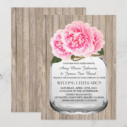 Mason jar pink peony bruiloft pony2 kaart (Voorkant / Achterkant)