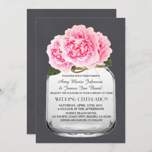 Mason jar pink peony bruiloft Pony4 Kaart (Voorkant / Achterkant)