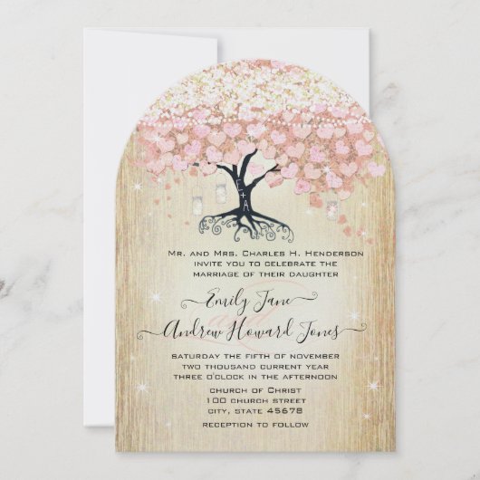 Mason Jar Pink Rose Gold Heart Leaf Tree Kaart (Voorkant)