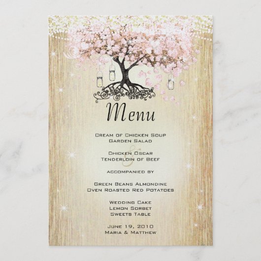 Mason Jar Pink Rose Gold Heart Leaf Tree Menu (Voorkant)