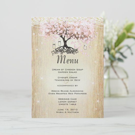 Mason Jar Pink Rose Gold Heart Leaf Tree Menu (Staand voorkant)