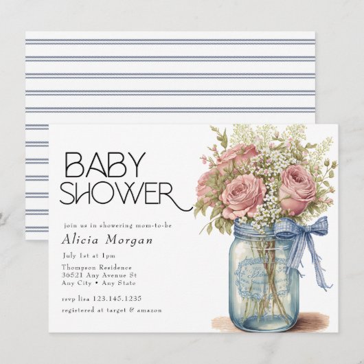 Mason Jar | Pink Roses-Baby shower Kaart (Voorkant / Achterkant)