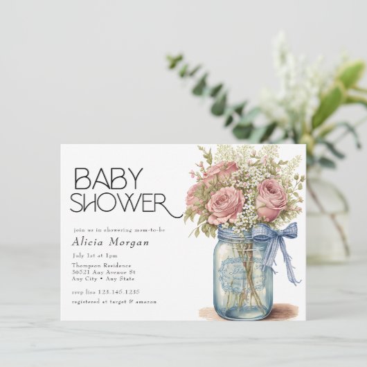 Mason Jar | Pink Roses-Baby shower Kaart (Staand voorkant)