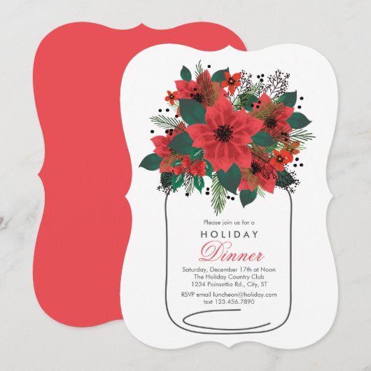 Mason Jar Poinsettia Holiday Dinner Invitation Kaart (Voorkant / Achterkant)