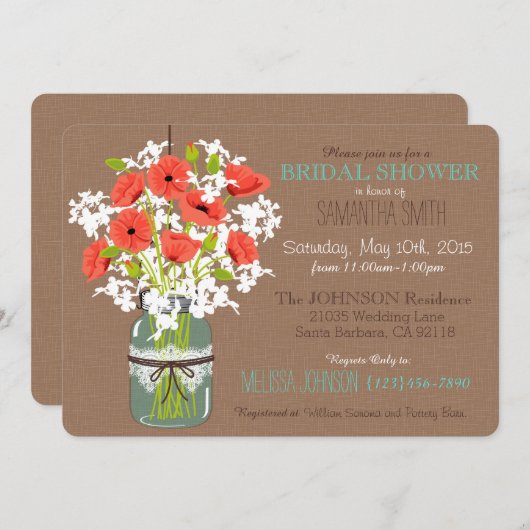 Mason Jar, Poppies & Burlap Rustic Vrijgezellenfee Kaart (Voorkant / Achterkant)