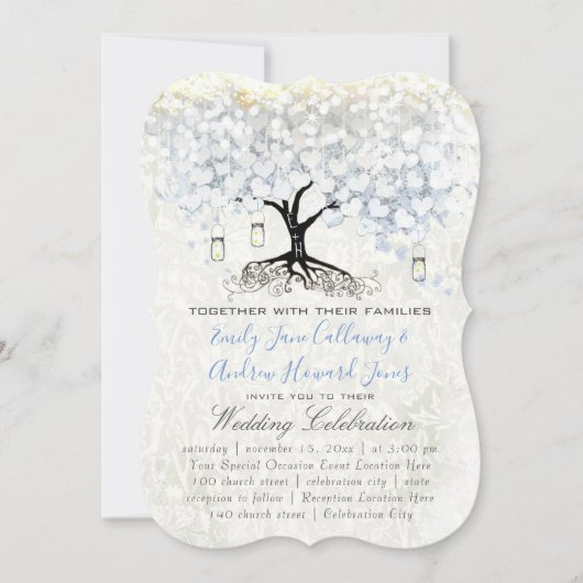 Mason Jar Powder Blue Heart Leaf Tree Damask Kaart (Voorkant)