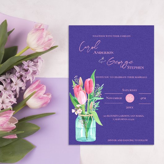 Mason Jar Purple & Blush Tulip Wedding Invitation Kaart