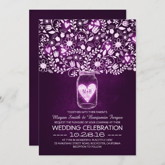  Mason Jar Purple Flowers Bruiloft uitnodigingen (Voorkant / Achterkant)