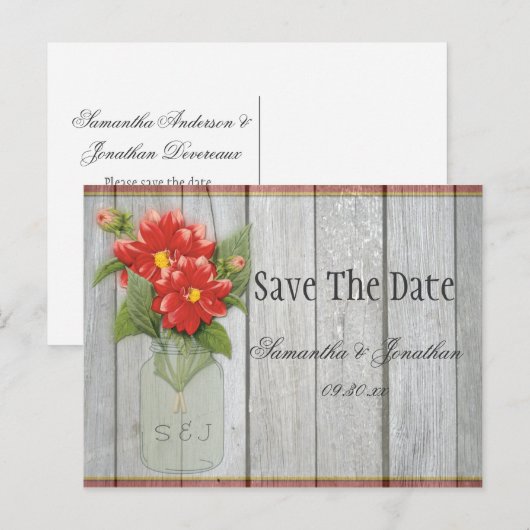 Mason Jar Red Dahlias Schuur Hout Save the Date Aankondigingskaart (Voorkant / Achterkant)